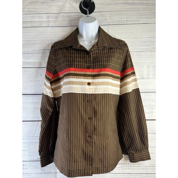 Vintage White Stag BrownButton Down Collar Long Sleeve Disco 70's Sz 14 Academia - Picture 1 of 13